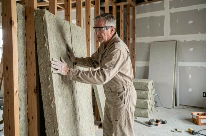 Artisan posant des panneaux de laine minérale sur les murs intérieurs d'une maison en cours de rénovation pour améliorer l'isolation thermique