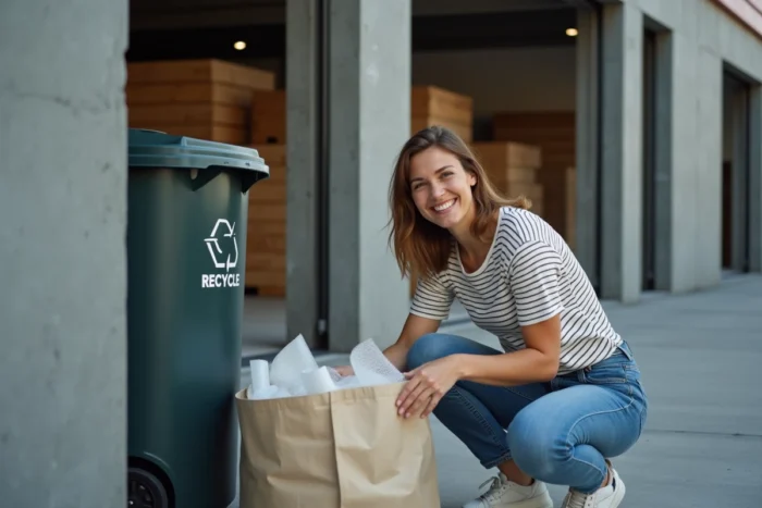 Jeune femme trouvant du papier bulle gratuit dans une zone de recyclage de supermarché