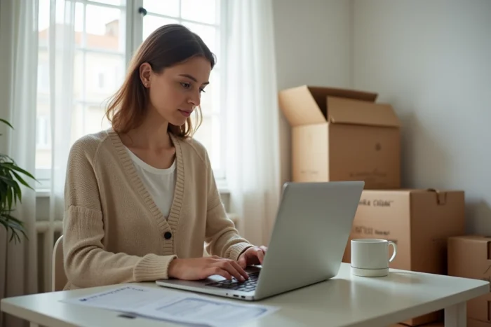 Jeune fonctionnaire remplissant un formulaire en ligne pour une prime d'installation dans son nouvel appartement