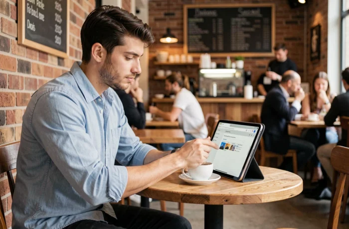 Jeune professionnel consultant ses emails via webmail sur une tablette dans un café