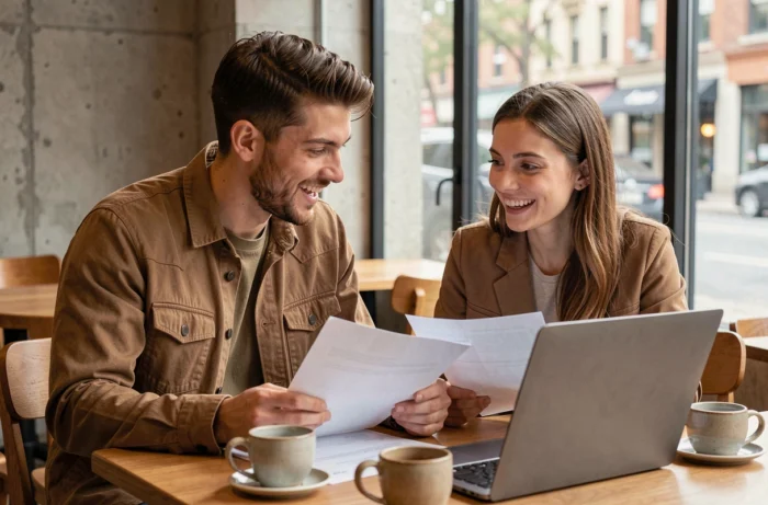Deux jeunes entrepreneurs en discussion dans un café autour de ressources pour lancer un business en ligne