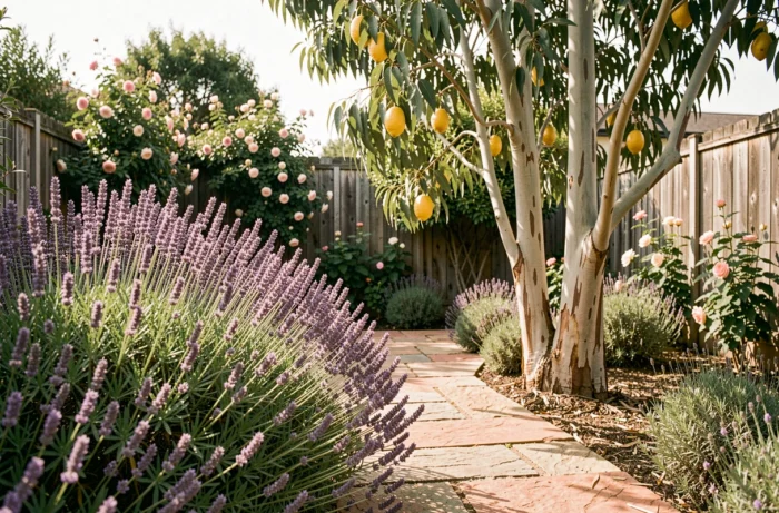 Massif de lavande et eucalyptus citronnelle dans un jardin naturel pour éloigner les moustiques