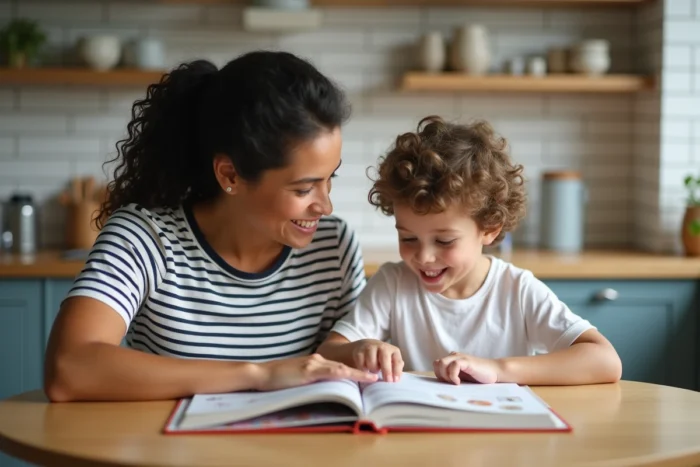 Mère lisant un livre illustré avec son fils à la table de cuisine, moment d'apprentissage et de complicité pour l'épanouissement de l'enfant