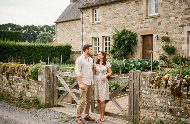 Couple devant une maison de campagne en pierre avec jardin à louer pour 600 euros en zone rurale française
