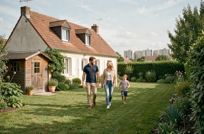 Famille profitant du jardin d'une maison en périphérie urbaine louée 600 euros dans la banlieue d'une grande ville française