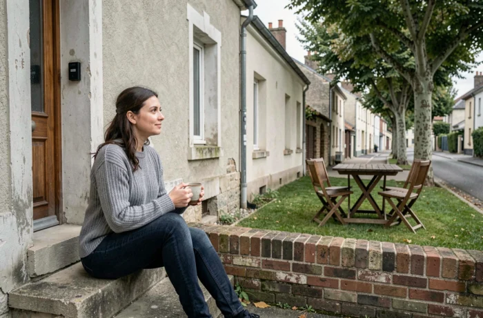 Femme assise devant une maison avec jardin en petite ville française louée autour de 600 euros par mois