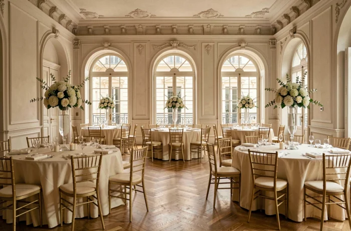 Salle de réception élégante à Lyon décorée avec des tables rondes, chaises Chiavari dorées et centres de table floraux pour un événement d'entreprise