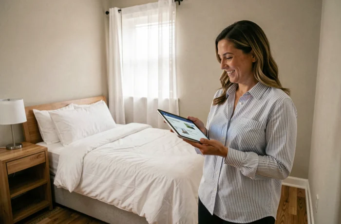 Femme présentant une chambre inutilisée de son appartement à louer, tenant une tablette avec une annonce de location