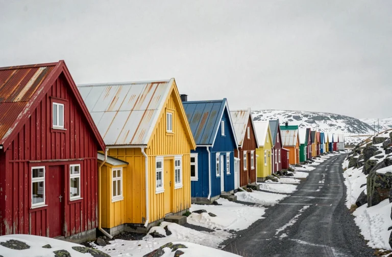 Rangée de maisons colorées traditionnelles au Groenland avec façades rouges, jaunes et bleues sur fond de paysage arctique enneigé