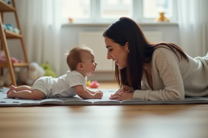 Maman et bébé allongés face à face sur un tapis de jeu dans une chambre de bébé minimaliste