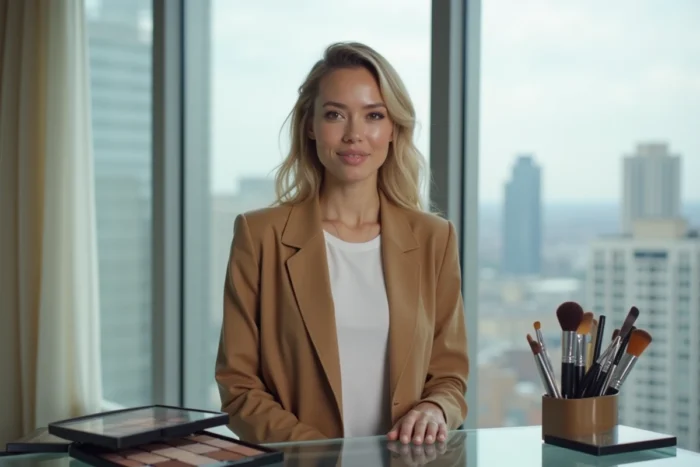 Femme aux yeux charbonneux et teint lumineux dans un appartement urbain avec des palettes de maquillage tendance posées sur une table en verre
