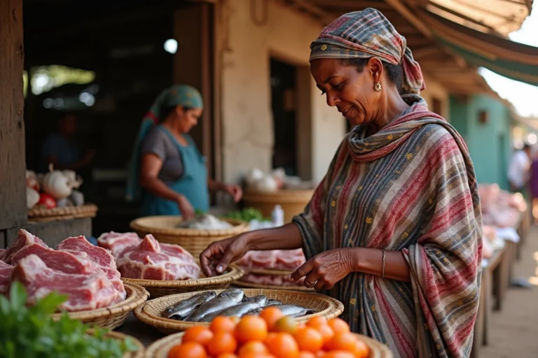 Femme malgache choisissant de la viande de zébu et des légumes sur un marché traditionnel d'Antananarivo, illustrant les habitudes alimentaires à Madagascar