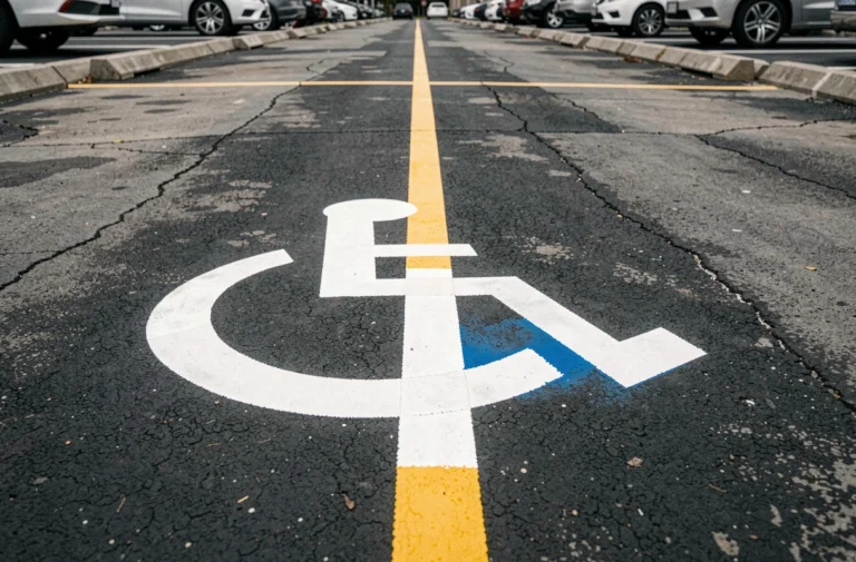 Marquage au sol parking avec lignes blanches et symbole handicapé en peinture bleue sur asphalte