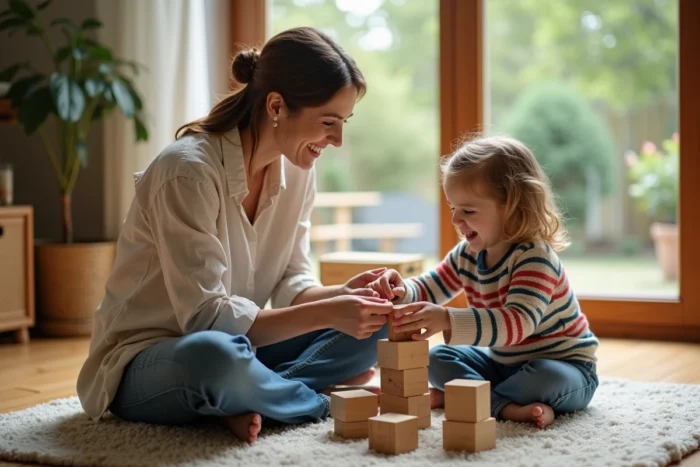 Mère et fille construisant une tour en bois sur le sol d'un salon chaleureux, illustration d'activités d'éveil au quotidien