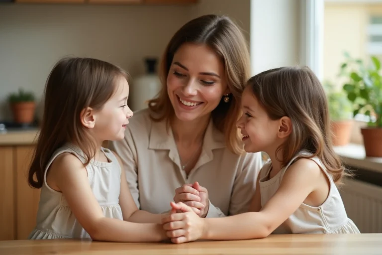 Mère tenant les mains de ses deux filles jumelles identiques autour d'une table en bois, illustrant la transmission héréditaire des jumeaux