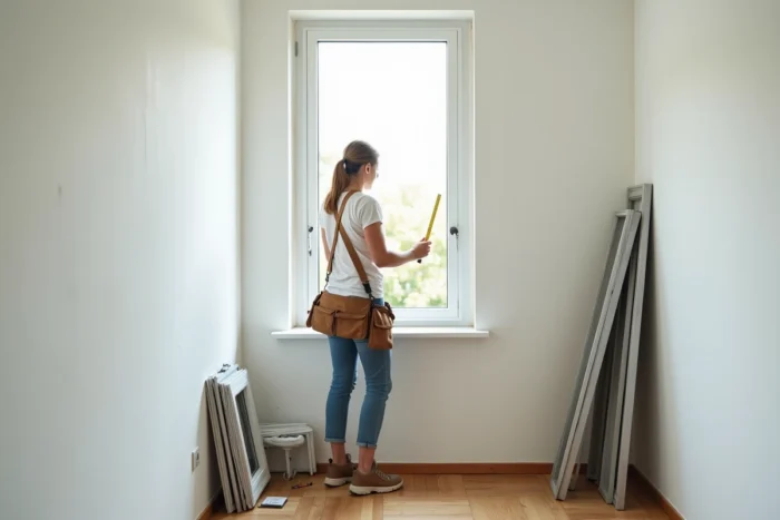Femme mesurant l'ouverture d'une fenêtre avec un mètre ruban dans une pièce en cours de rénovation avant l'installation de fenêtres en aluminium