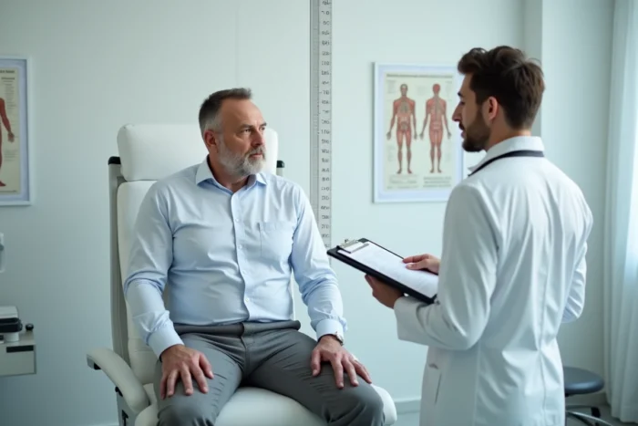 Homme de grande taille mesuré par un médecin avec un stadiomètre dans une salle d'examen médicale, évoquant la mesure d'un record de taille mondial