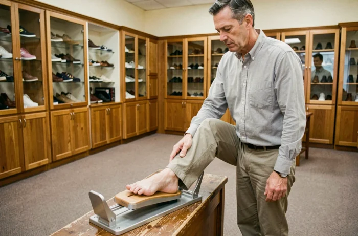 Homme mesurant sa pointure avec un outil de mesure Brannock dans une boutique de chaussures spécialisée