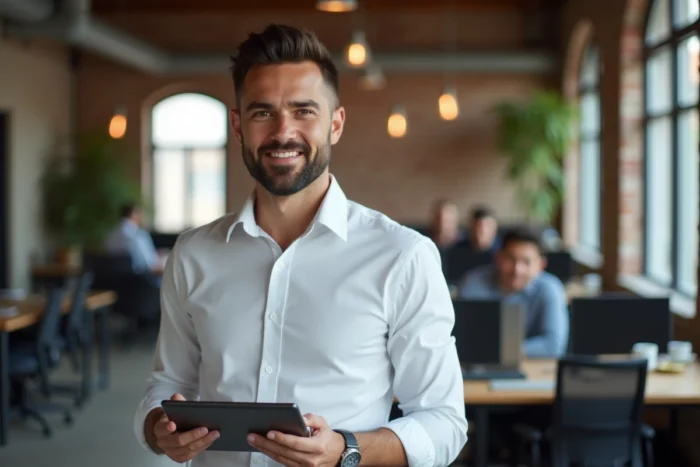 Professionnel consultant les métriques Instagram sur tablette dans un espace de coworking moderne