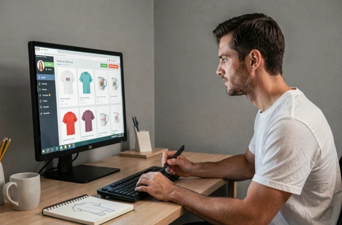 Homme gérant une micro-boutique en print-on-demand depuis son ordinateur à domicile avec des maquettes de produits personnalisés sur l'écran