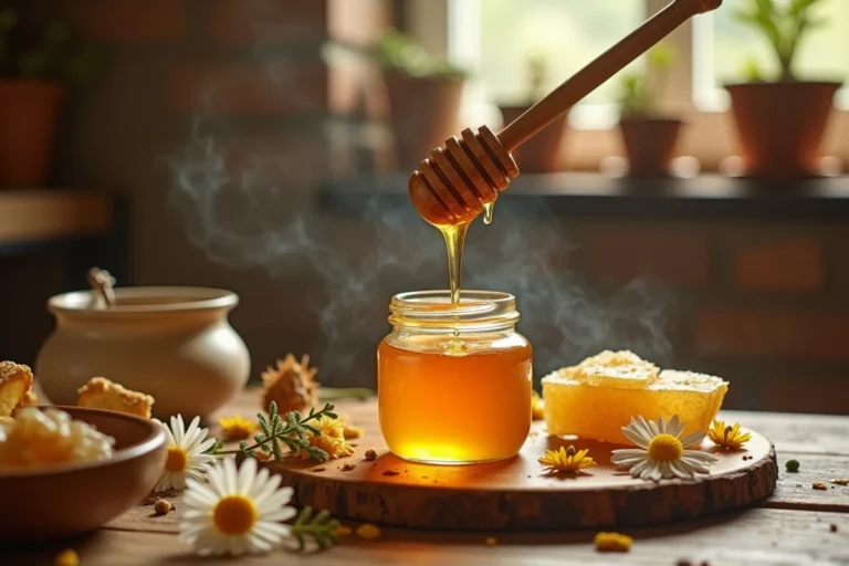 Gros plan de miel doré qui coule d'un touille-miel en bois sur un pot en céramique rustique, évoquant l'authenticité et la qualité artisanale du miel ABT