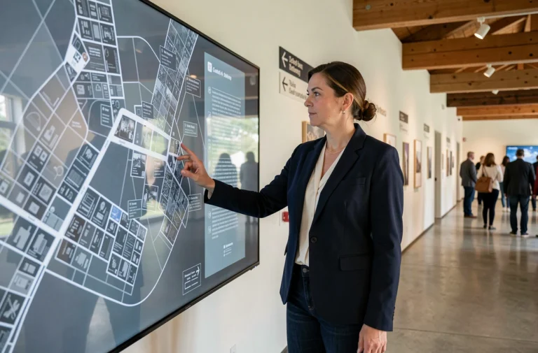 Femme consultant un plan interactif dans un centre culturel moderne pour optimiser sa navigation