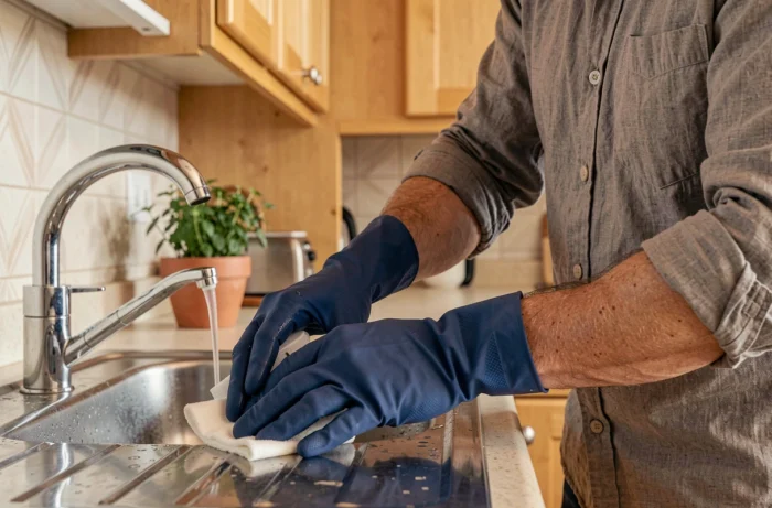 Homme nettoyant un évier en inox avec un spray désinfectant dans une cuisine moderne et bien rangée
