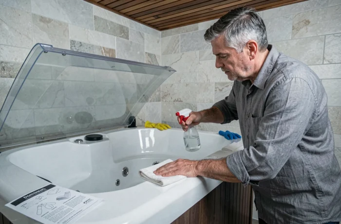 Homme nettoyant l'intérieur d'un spa avec une solution de vinaigre blanc et un chiffon microfibre en prenant les précautions nécessaires