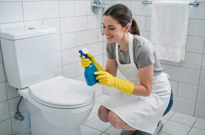 Femme utilisant un produit nettoyant désinfectant pour les toilettes dans une salle de bain propre et moderne