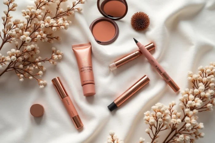 Flat lay des nouveautés maquillage de la saison : palette terracotta, gloss nude, eyeliner précision et highlighter rose gold sur tissu lin texturé