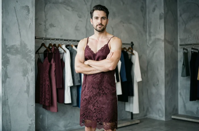 Homme portant une nuisette en dentelle bordeaux dans une boutique de mode contemporaine, lingerie masculine tendance