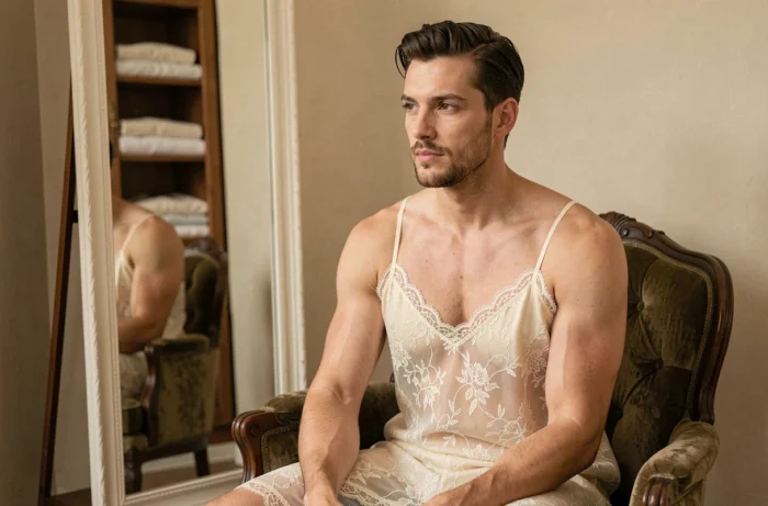Homme en nuisette ivoire en dentelle assis dans un fauteuil vintage, tendance lingerie masculine élégante