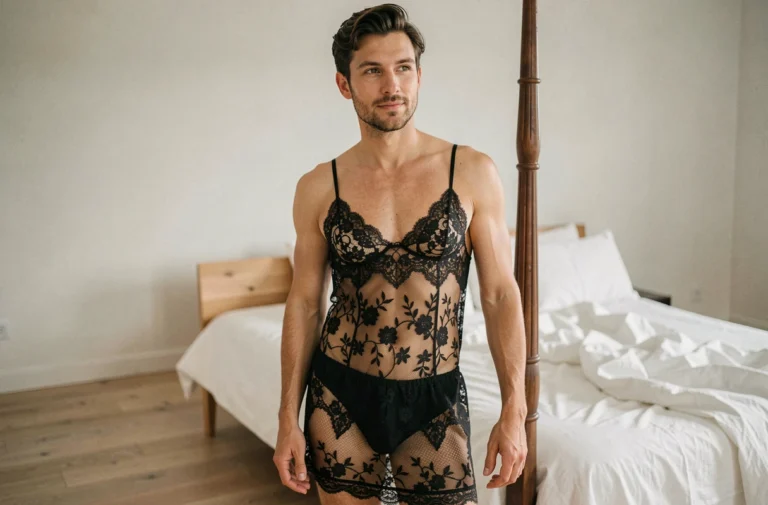 Homme portant une nuisette en dentelle noire dans une chambre moderne minimaliste, nouvelle tendance de lingerie masculine