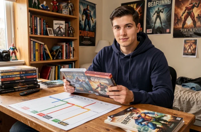 Jeune homme étudiant l'ordre chronologique des films Spider-Man Tom Holland avec des DVD et une frise chronologique posés sur un bureau en bois