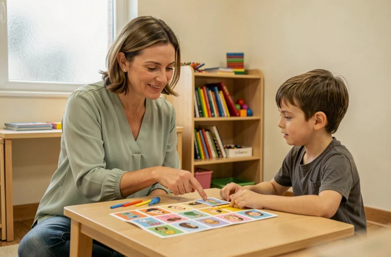 Orthophoniste travaillant avec un jeune enfant sur des exercices de langage avec des cartes illustrées en cabinet