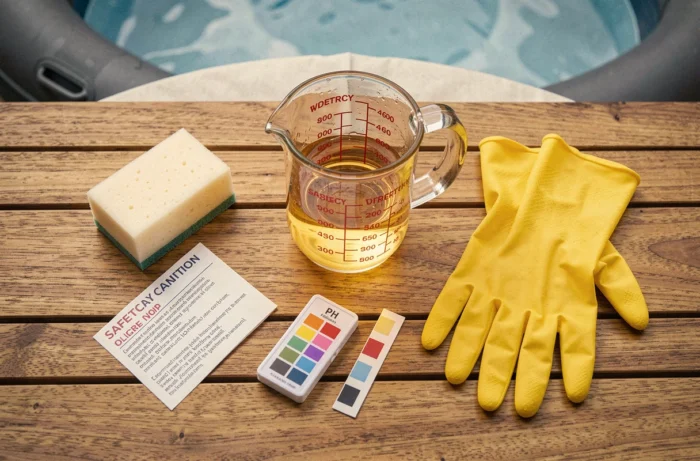 Ensemble d'outils de précaution pour l'utilisation du vinaigre blanc dans un spa : gants, bandelettes pH, mesureur et instructions posés sur une terrasse en teck