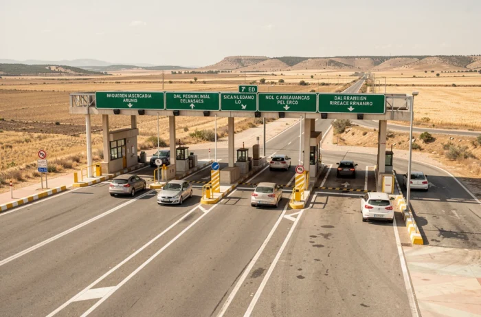 Vue large d'un péage autoroutier espagnol avec barrières et panneaux de signalisation en Espagne