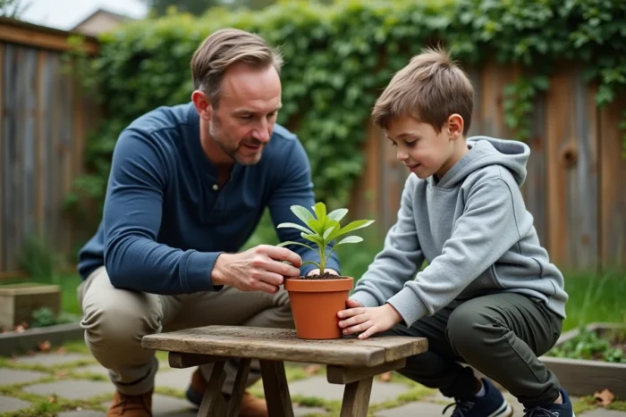 Père et fils observant un plant de jardin ensemble dans un jardin familial, activité éducative en plein air pour l'épanouissement de l'enfant