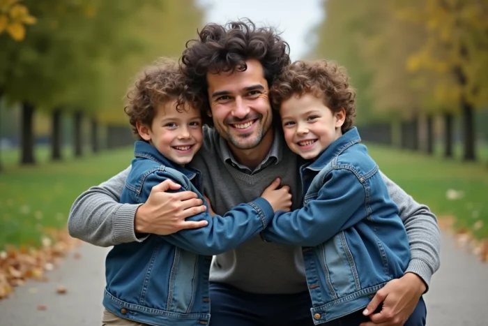 Père dans un parc entourant ses deux fils jumeaux aux cheveux bouclés similaires, représentant le rôle génétique paternel dans la naissance des jumeaux