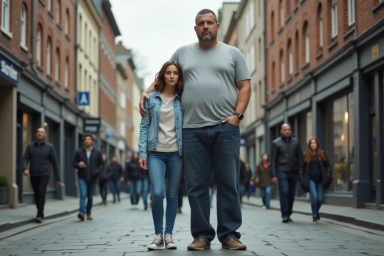 Homme de très grande taille debout à côté d'une femme de taille moyenne dans une rue urbaine européenne, illustrant un record de taille exceptionnel