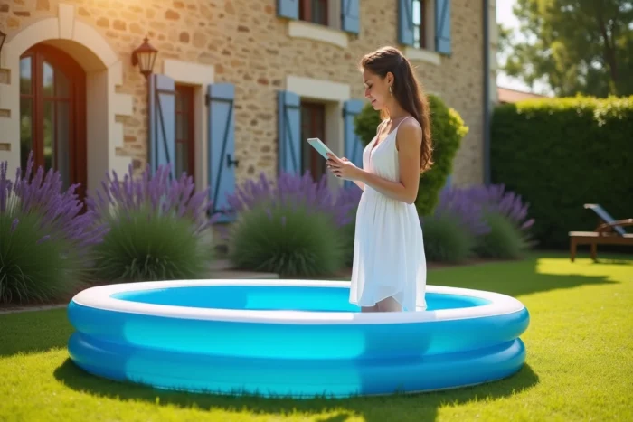 Femme consultant une tablette près d'une petite piscine gonflable temporaire dans un jardin provençal, piscine non soumise à déclaration fiscale