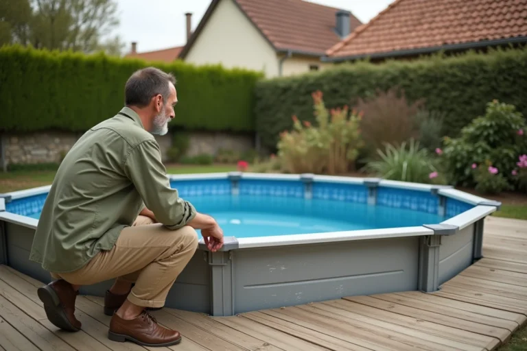 Homme inspectant une piscine hors-sol démontable dans un jardin résidentiel français, piscine non imposable selon les critères fiscaux