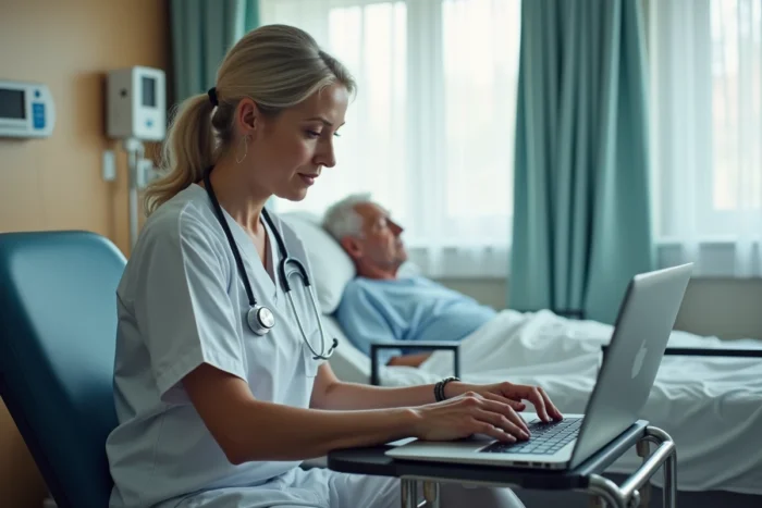 Infirmière senior mettant à jour un plan de soins digital sur ordinateur portable au chevet d'un patient hospitalisé