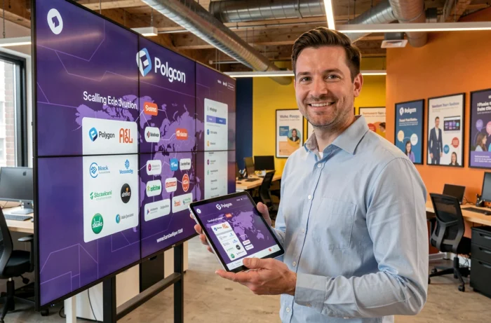Manager tenant une tablette Polygon POL dans une agence créative, illustrant l'adoption du scaling Ethereum par les grandes marques