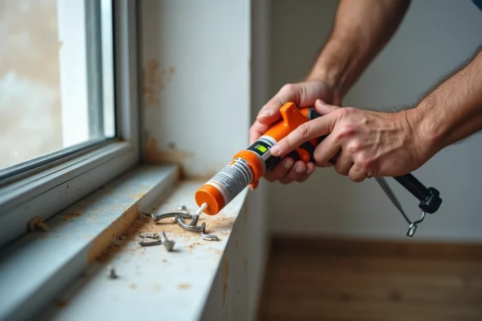 Mains d'un artisan appliquant du mastic d'étanchéité autour d'un cadre de fenêtre en aluminium lors de la finition intérieure de l'installation