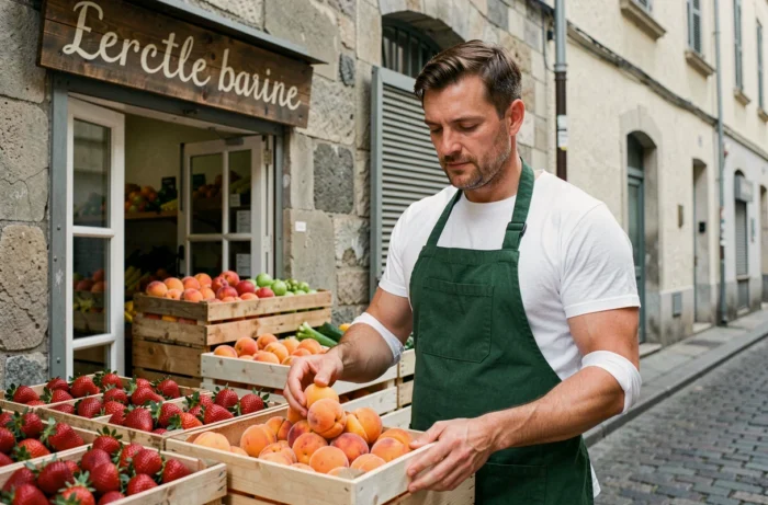 Primeur indépendant arrangeant des fruits devant sa boutique de quartier, enseigne artisanale en bois visible en arrière-plan