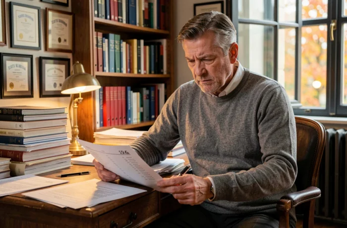 Professeur d'université examinant un classement académique dans son bureau, illustrant le débat expert sur le positionnement de Sciences Po Saint-Germain-en-Laye