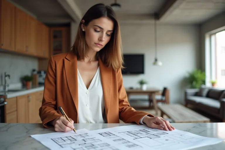 Femme consultante immobilière examinant des plans architecturaux dans un appartement moderne rénové en 2024