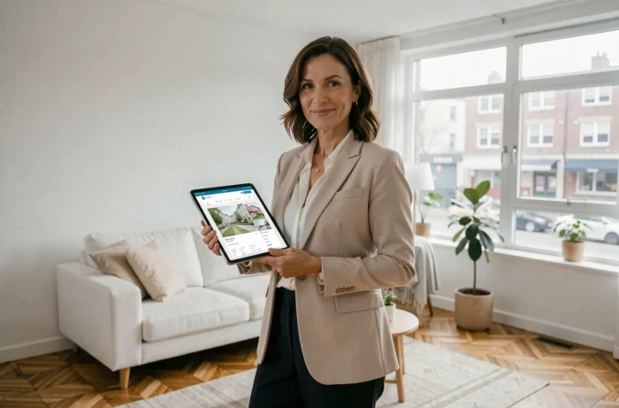 Propriétaire utilisant une application immobilière sur tablette dans un appartement rénové pour valoriser son bien en location