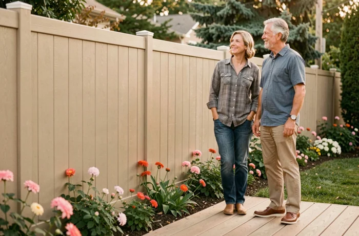 Couple de propriétaires devant une clôture composite beige installée dans un jardin de maison individuelle